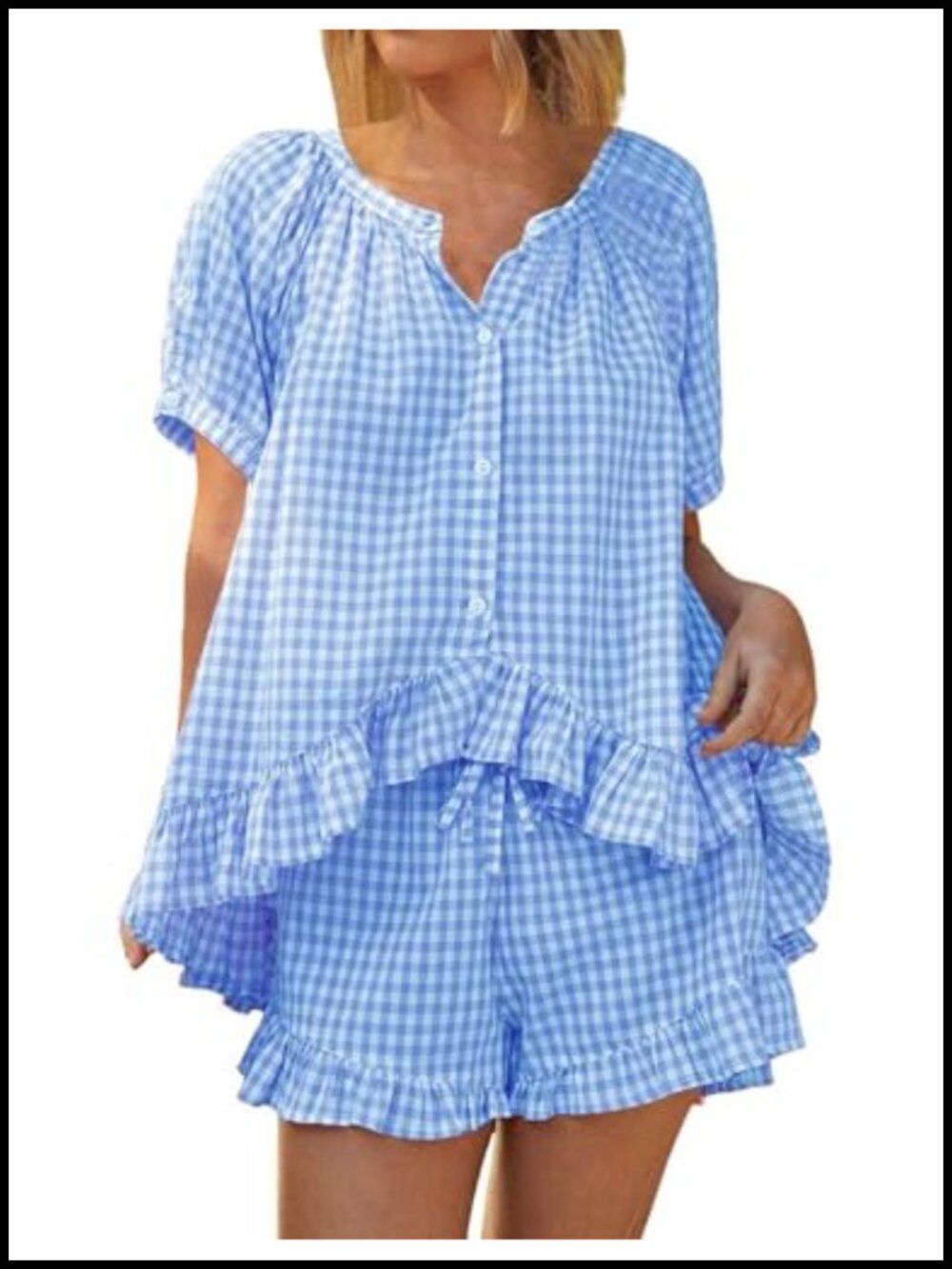 Womens Gingham Pajama Set 100% Cotton Button Down Puff Sleeve Ruffle Shorts
